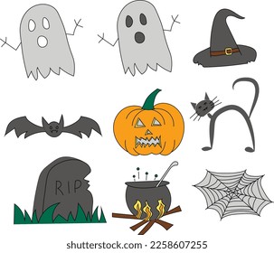 Colored set of nine Halloween icons with ghost, bat, pumpkin, black cat