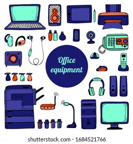 Colored set of office equipment. 
Vector illustration.