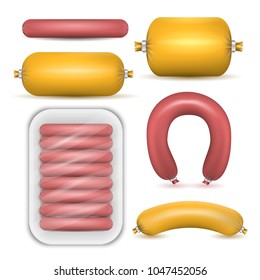 Colored set of package sausage products in realistic style on white background isolated vector illustration