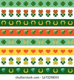 Colored set Patrick's Day ribbon. Vector illustration. Seamless pattern stylish print. Clover leaves, horseshoe, hearts. Isolated elements on a strips. For holiday design, greetings, cards, print.