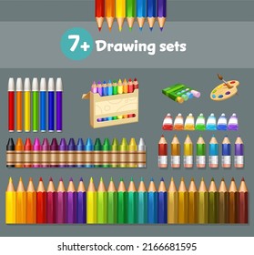 Colorido conjunto de lápices y pinturas para dibujar. ilustración vectorial