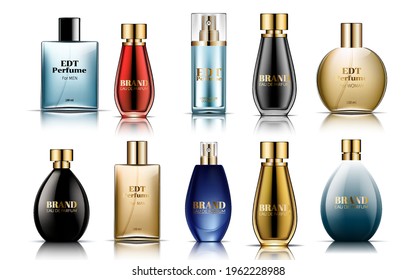 The colored set of perfume bottles. Cosmetic perfumery beauty