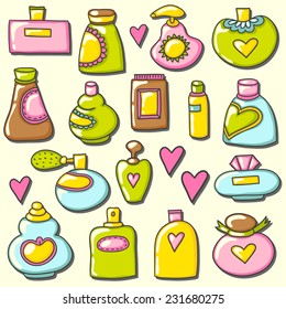 The colored set of perfume bottles. Vector beauty background.