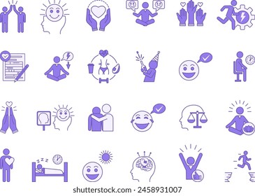 Colored Set of Positive Thinking Icons. Vector Icons of Healthy Lifestyle, Patience, Gratitude, Calm, Bravery, Positive Attitude, Optimism, Volunteer, Sympathy and Other