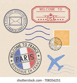 Colored set of postmarks and tourist stamps on beige background. Vector illustration