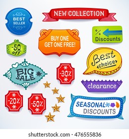 Colored set of promotional sales english text labels, signs, stickers.
Image contains gradients, blends and gradient meshes