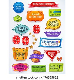 Colored set of promotional sales english text labels, signs, stickers.
Image contains gradients, blends and gradient meshes