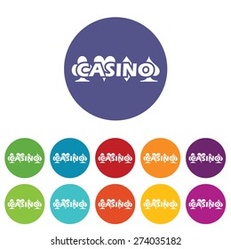 Colored set of round icons with text Casino and card symbols behind it