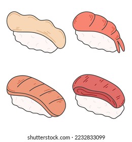 Colorido set de sashimi clip art. Comida asiática aislada ilustración retro. Aperitivo sencillo a mano con arroz y marisco de cocina japonesa y china
