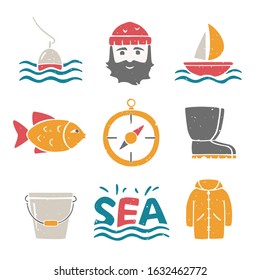 Colored set of sea and fishing icons isolated on transparent background. Handwritten text. Can be used for infographics or decoration. Vector shabby hand drawn illustration