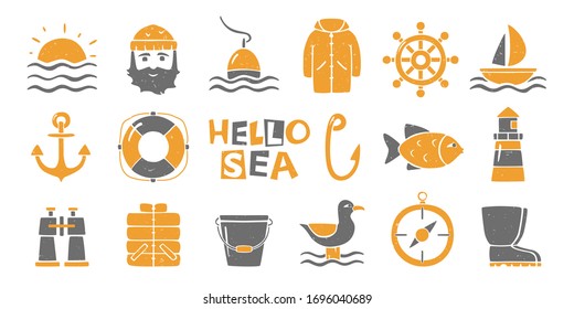 Colored set of sea and fishing icons isolated on transparent background. Handwritten text. Can be used for infographics or decoration. Vector shabby hand drawn illustration