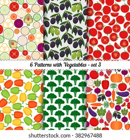  Colored set of seamless patterns with different vegetables