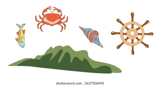 Colored set: seashell, island, fish, crab, steering wheel on white background. Vector illustration. Sea objects for greeting cards, decoration, magazines, banners, menu, patterns and designs.