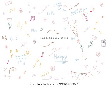 colored set of simple hand drawn decorative illustrations. these are simple drawings of stars, hearts, confetti, lines, notes, treble clef, arrows, flowers and others.