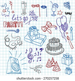 Colored set of sketch party objects hand-drawn, excellent vector illustration, EPS 10
