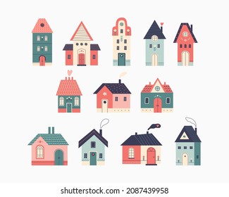 Colored set of small tiny houses and small buildings in Scandinavian style. Urban and village house exterior with tiled roofs, windows, doors, chimneys with smoke. Hand drawn vector flat illustration