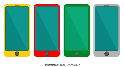 Colored set smart phone. Yellow, Red, Green, Gray color on the white background. Vector isolated illustration. Flat design style.