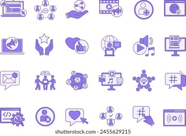 Colored Set of Social Media Icons. Vector Icons Social Networks, Add Friend, Like, New Message, Blog Music, Marketing, Hashtag, App, Trend, Communication and Other