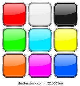 Colored set of square buttons with chrome frame. Vector 3d illustration isolated on white background