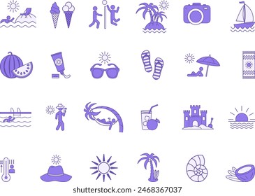 Conjunto de iconos de verano de color. Iconos vectoriales de playa, sol, voleibol de playa, sandía, equipaje, helado, caliente, piscina, gafas de sol, coco y otros