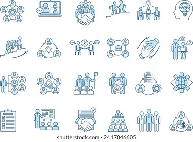 Colored Set of Teamwork Icons. Vector Icons Collaboration, Webinar, Colleague, Team, Teamwork, Presentation, Meeting, Leadership, Brainstorming, and Other