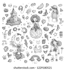 Colored Set of teenage girl icons, cute cartoon teen objects, fun stickers design vector in teenager girls concept. Doodle icon set for teenagers. Colored hand drawn pizza, unicorn, sweets.