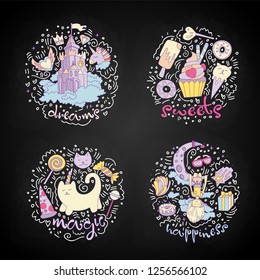 Colored Set of teenage girl icons, cute cartoon teen objects, fun stickers design vector such as magic castle, cupcake, cat unicorn and girl dreaming on the moon. Doodle icon set with round decoration
