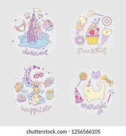 Colored Set of teenage girl icons, cute cartoon teen objects, fun stickers design vector such as magic castle, cupcake, cat unicorn and girl dreaming on the moon. Doodle icon set with round decoration