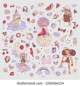 Colored Set of teenage girl icons, cute cartoon teen objects, fun stickers design vector in teenager girls concept. Doodle icon set for teenagers. Colored hand drawn pizza, unicorn, sweets
