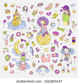 Colored Set of teenage girl icons, cute cartoon teen objects, fun stickers design vector in teenager girls concept. Doodle icon set for teenagers. Colored hand drawn pizza, unicorn, sweets