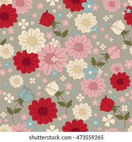 Colored set of tender flowers. Seamless vector pattern