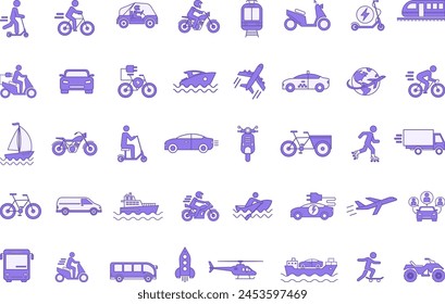 Colored Set of Transport Icons. Vector Icons of Cars, Planes, Helicopters, Trams, Motorcycles, Bicycles, Scooters, Boats, Skateboards, Vans and Others