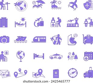 Colored Set of Travel Icons. Vector Icons of Vacation, Hotel, Tourism, Airplane, Travel Insurance, Train, Registration, Travel Agent, and Other