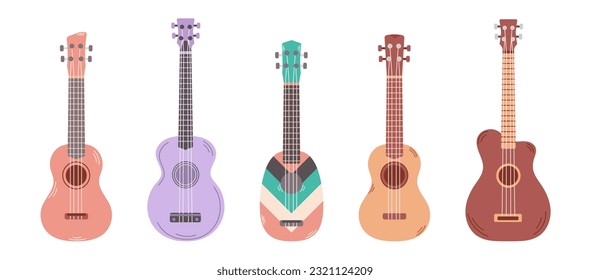 Colored set of various ukulele guitars isolated on white background. String acoustic musical instrument. Vector flat cartoon illustration.