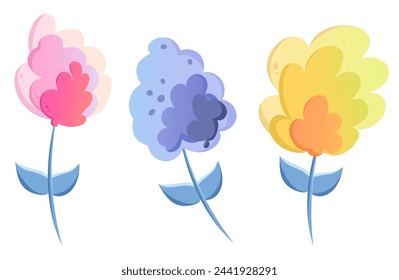Colored set of vector icons depicting various hydrangeas in a flat style. Blue, pink, yellow