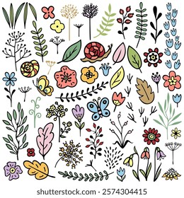 colored set of vector plants and flowers drawn by hand on a white background