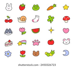 conjunto de colores de pegatina de Vector 
 Elementos decorativos sencillos. Varios iconos como corazones, estrellas, animales, frutas, gato, burbujas de habla, flechas, líneas aisladas sobre fondo blanco.