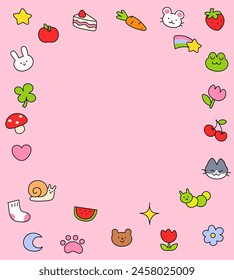 colored set of vector sticker simple decorative elements. background for kisd. Various icons such as hearts, stars, animals, fruits, cat, speech bubbles, arrows, lines isolated on white background.
