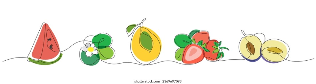 Conjunto coloreado de frutos vectoriales estilizados con técnica minimalista
