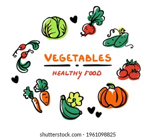 Conjunto de verduras de colores para tu diseño. Ilustración vectorial dibujada a mano. Logografía, tarjeta, etiqueta, pancarta, sello. Calabaza, col, zanahoria, pepino, tomate, rábano, remolacha, calabaza.