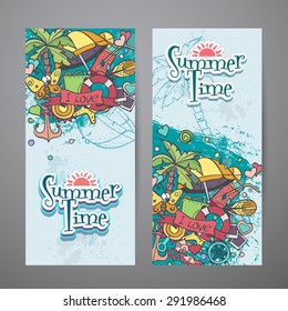 A colored set of vertical banners with summer doodles