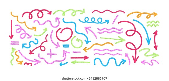 Conjunto de flechas onduladas y onduladas de colores dibujadas por trazos de pincel rotulados o pintados a mano. franjas acuáticas aisladas en fondo blanco
