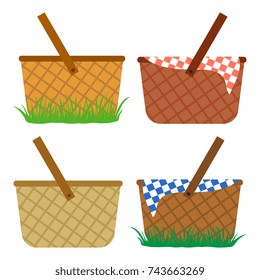 Colored set of wicker baskets. Baskets in the grass, for a meal, for a picnic. Vector illustration.