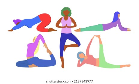 Colored set of yoga icons. Different girls in different positions.