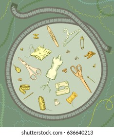 Colored sewing accessories concept with tailor tools equipment in round frame and zipper around isolated vector illustration 