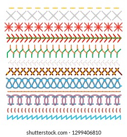 Colored sewing stitches set, pattern in lines. Fabric or material, embroidery emblems. Vector flat style cartoon illustration isolated on white background