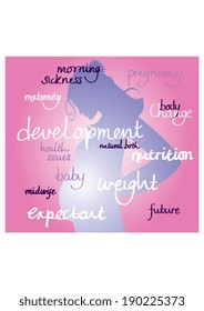 Colored shadow image of pregnant woman with handwritten words relating to pregnancy, with gradients