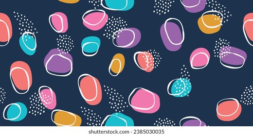 Colored shapeless spots on a blue background. Beautiful stylish design pattern with abstract spots. Vector pattern for print, design, notebooks, pillows, textiles.