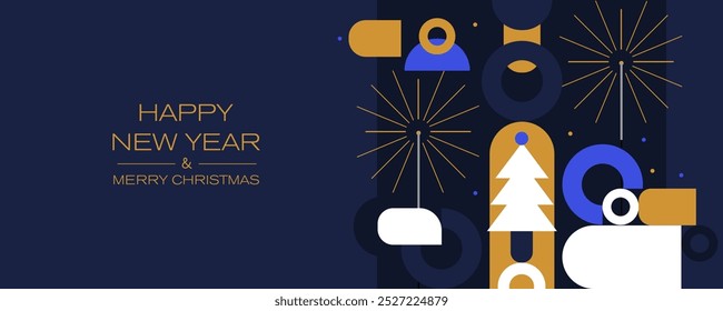 Colored shapes on a blue background. New Year's banner with a minimalistic design. Merry Christmas and Happy New Year banner.