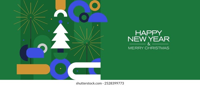 Formas coloridas em um fundo verde. Banner de Ano Novo com um design minimalista. Feliz Natal e feliz banner de ano novo.	